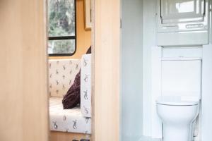 a bathroom with a toilet and a bed in a room at Parrys Horse box in Exmouth +20 photos