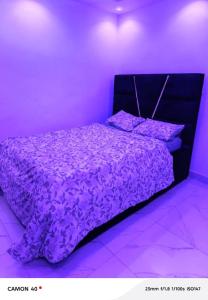 a purple bedroom with a bed with purple sheets and pillows at Ngalle guest house in Buea