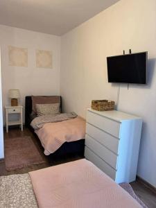 a living room with a bed and a flat screen tv at Casa Elena, Ocna Mureș in Ocna-Mureşului