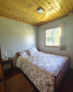 a bedroom with a bed with a wooden ceiling at Cabaña la nonita, queule in Queule +2 photos