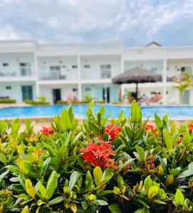 ein Garten mit roten Blumen vor einem Pool in der Unterkunft Flat Granito e Jasmim in Conde