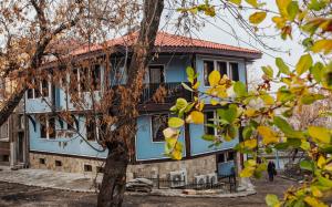 ein blaues Haus mit einem Baum davor in der Unterkunft Hotel Evmolpia in Plowdiw