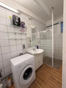 a bathroom with a washing machine and a sink at Villa Lumineuse in Le Lamentin