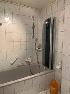 a shower with a hose in a bathroom at Seppel's Häuschen in Bad Orb +23 photos