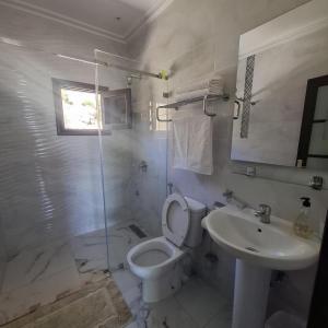 a white bathroom with a toilet and a sink at Mina House in Chefchaouen
