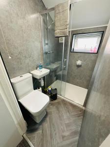 a bathroom with a toilet and a shower and a sink at Petal House, Gloucester - Large, Spacious and charming in Gloucestershire