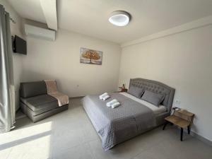 a bedroom with a bed and a chair at Apolana Apartments in Negotino