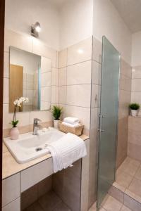 a bathroom with a sink and a shower at Penzion u Fouska in Chodov +45 photos
