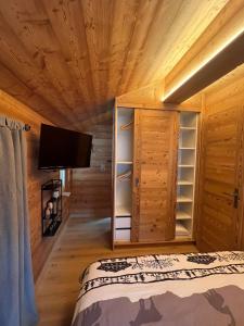 a bedroom with a bed and a flat screen tv at La Grangette in Grimentz