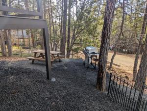 a picnic table and a grill in the woods at Pinetop Getaway w Sunset Deck & Fire Pit Table in Pinetop-Lakeside +26 photos