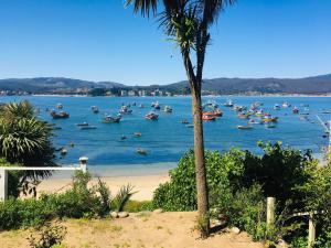 a group of boats in the water on a beach at Bahía Coliumo in Tomé