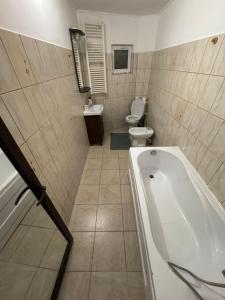 a bathroom with a tub and a toilet and a sink at HomeStars16 in Bîrlad
