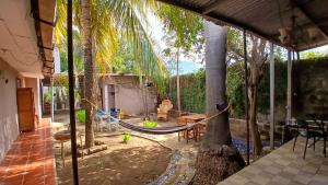 a hammock on a porch with a palm tree at VitaHostal in León