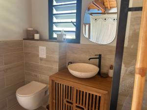 a bathroom with a sink and a toilet and a mirror at Sukha Lodge in Le Moule