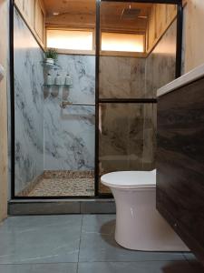 a bathroom with a glass shower with a toilet at Calcopirita Stay House in Rivas