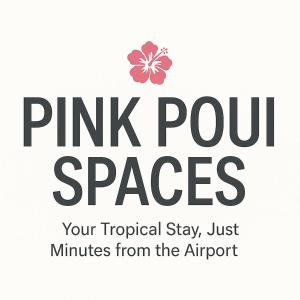 a poster with a pink flower and text pink four spaces at PINK POUI Spaces Vacation Rentals in Arima