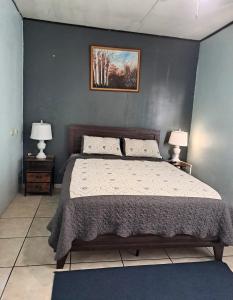 a bedroom with a bed and two night stands with lamps at Quepos Explorers Hub Spacious Apartment in Quepos +25 photos
