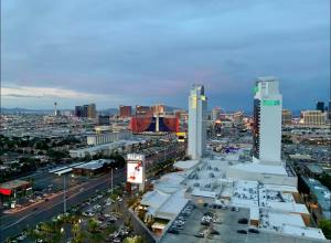 an aerial view of a city with buildings and traffic at Palms Place Condo with strip view in Las Vegas