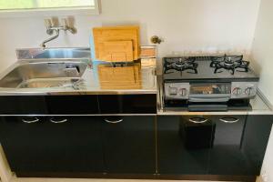 a small kitchen with a stove and a sink at あざみ庵 奄美大島 in Amami