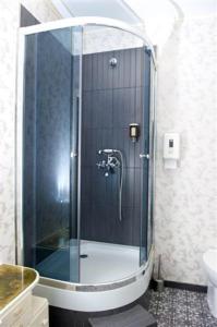 a bathroom with a shower with a glass door at Zamek Dobra in Oleśnica
