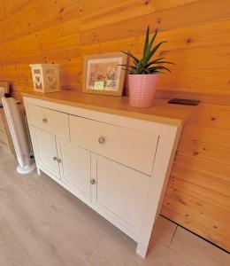 a white cabinet with a potted plant on top of it at Glebe Summer House in Osmington