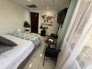 a bedroom with a bed and a chair and a television at Alojamiento Cereza 1 WiFi in Alajuela +13 photos
