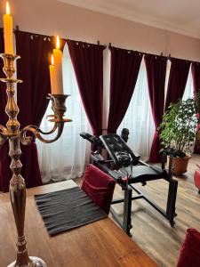 a room with a gym with a exercise bike in it at Red Silence I Design Suite im Koblenz in Bendorf
