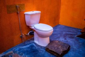 a bathroom with a white toilet and a rock at Walawa Wild Place in Udawalawe +36 photos