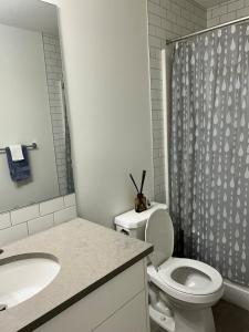 a bathroom with a toilet and a sink and a shower at Lizzy cozy Basement suite in Airdrie +16 photos
