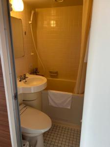 a bathroom with a sink and a toilet and a tub at Kuji Grand Hotel in Kuji