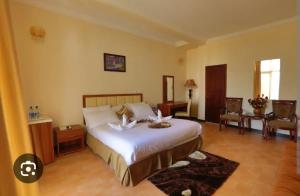 ein Schlafzimmer mit einem großen weißen Bett in einem Zimmer in der Unterkunft Explore Bahirdar Hotel in Bahir Dar