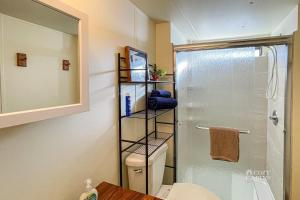 a bathroom with a toilet and a glass shower at Ruidoso Mountain Getaway Centrally Located in Ruidoso