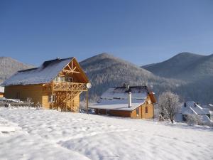 una casa in legno nella neve con montagne sullo sfondo di Sadyba Chertizh a Tatariv