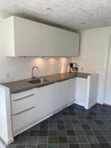 a kitchen with white cabinets and a sink at Ellemose Bed and Breakfast in Lemvig