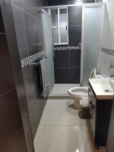 a bathroom with a shower and a toilet and a sink at Hospedaje La Patrona in Chignahuapan +15 photos
