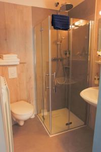 a bathroom with a shower with a toilet and a sink at Hotel Stangl in Hamm