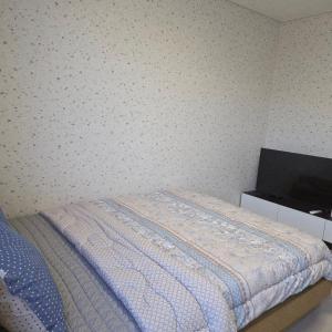 a bedroom with a bed and a tv on a wall at Gangneung Jitap Pension in Gangneung