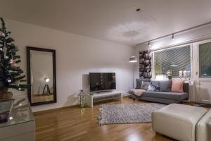 a living room with a couch and a tv at Inapolku in Rovaniemi