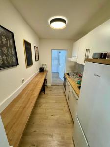 a kitchen with a counter top and a refrigerator at Schkeuditz Gästeapartment II in Schkeuditz
