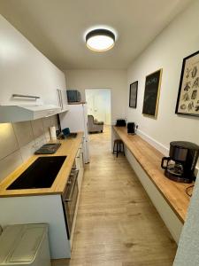 a kitchen with a counter with a sink and a counter top at Schkeuditz Gästeapartment II in Schkeuditz +17 photos