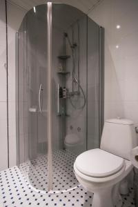 a bathroom with a toilet and a glass shower at Inapolku in Rovaniemi +14 photos