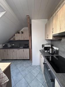 a kitchen with wooden cabinets and a counter top at Párty penzion Dolany in Čkyně