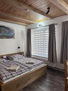 a bedroom with a large bed and a large window at Párty penzion Dolany in Čkyně