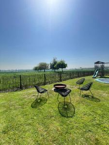 a group of chairs and a table in the grass at Hof ter Eversam in Alveringem