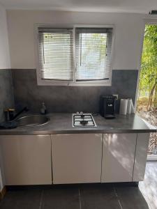 a kitchen with a counter with a sink and a stove at Tornac, La Madeleine in Tornac