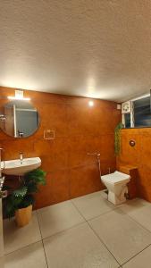 a bathroom with a sink and a toilet and a mirror at Casa pinto Valencia and The Second Storey in Mangalore