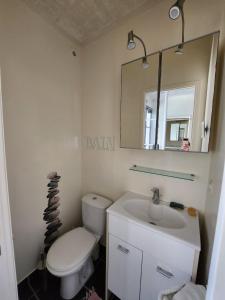 a bathroom with a toilet and a sink and a mirror at Chambre avec vue sur mer in Saint Malo