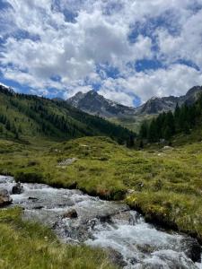 a stream in a field with mountains in the background at Alpenfels Apartments - Zwieselstein in Sölden