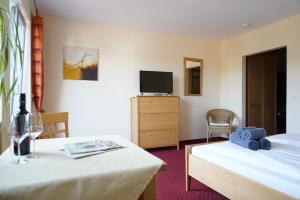 a hotel room with two beds and a tv at Weingut Martin Blaß in Erlabrunn