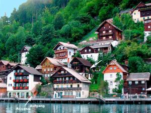 a group of houses on a hill next to the water at Appartement Fallnhauser - Adults only in Hallstatt